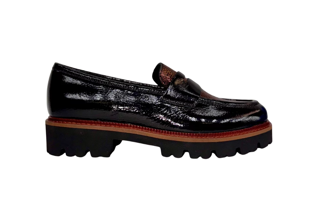Mocassins MYMA | cuir vernis noir et bronze semelle crantée